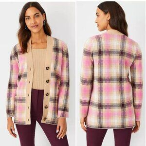 Ann Taylor Pink and Tan Plaid Cardigan